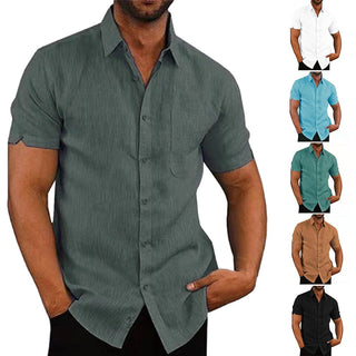 Summer Cotton Linen Shirts For Men Casual Short Sleeved Shirts Blouses Solid Turn-Down Collar Formal Beach Shirts Male Clothing ALODIA STORE