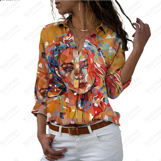 Women's SummerNew Shirt Long Sleeve Colorful Portrait 3D Digital Printing Women's Polo Button Casual Cardigan LongSleeve T-shirt Alodia Store
