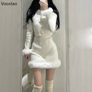 White Sweet Knitted Mini Skirt Set Women Korean Fashion Alodia Store