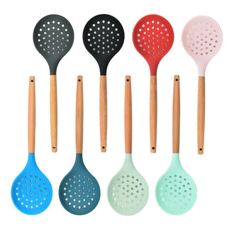 1Pcs Cooking Silicone Strainer Food Non-Stick Heat-Resistant Wooden Handle Colander Spoon Skimmer Strainer Cooking Kitchen Tools Alodia Store