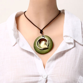 Vintage Wooden Bird Pendant Necklaces Boho Ethnic Style Metal Hollow Necklaces Retro Long Sweater Chain Rope Jewelry for Women Alodia Store