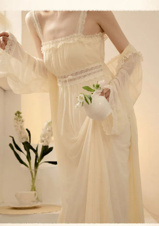 2PCS Robe Set Female Court Style Satin Nightdress Sexy Lace Alodia Store