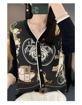 2023 Spring Summer New Cardigan Women's Coat Top Longsleeved Loose V-Neck Printed Stitching Sweater Fine Imitation Wool Cardigan Alodia Store