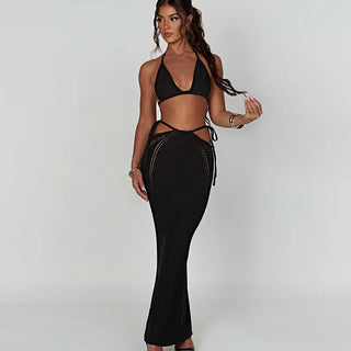 Mozision Hollow Out Knit Dress Set Women Lace-up Crop Top long skirt Alodia Store