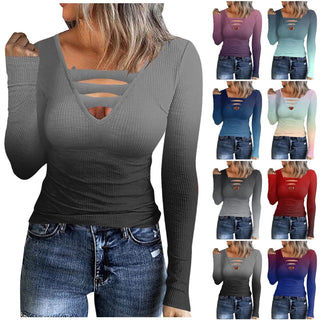 Women Blouse Longsleeve Women'S T-Shirt Fashion Casual Gradient Color Print V-Neck Slim Long Sleeve Top футболка оверсайз Alodia Store