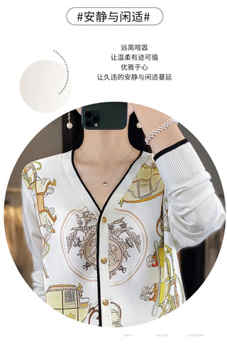 2023 Spring Summer New Cardigan Women's Coat Top Longsleeved Loose V-Neck Printed Stitching Sweater Fine Imitation Wool Cardigan Alodia Store