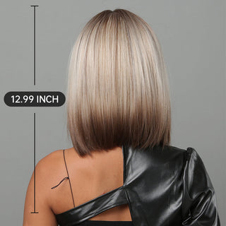 Pelucas sintéticas cortas y rectas para mujeres, cabello falso resistente al calor, Rubio a marrón, Ombre, Bob con flequillo, fiesta de Cosplay diaria ALODIA STORE
