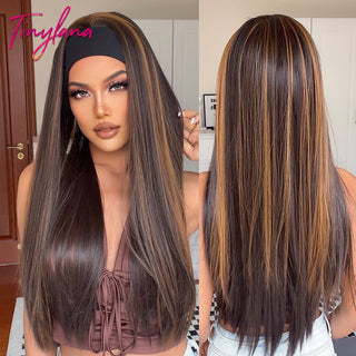 Chocolate Brown Mixed Golden Blonde Long Straight Synthetic Women's Headband Wigs Bohemian Hair For Black Women Fake Hair ALODIA STORE