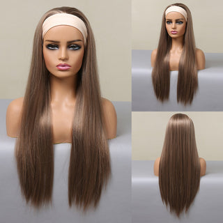 Chocolate Brown Mixed Golden Blonde Long Straight Synthetic Women's Headband Wigs Bohemian Hair For Black Women Fake Hair ALODIA STORE