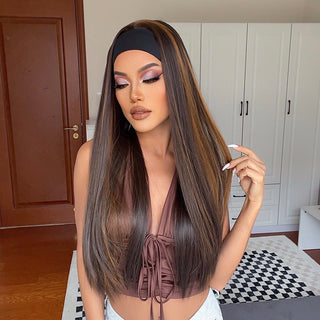 Chocolate Brown Mixed Golden Blonde Long Straight Synthetic Women's Headband Wigs Bohemian Hair For Black Women Fake Hair ALODIA STORE