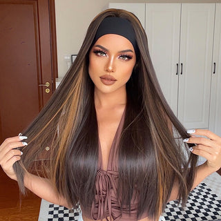 Chocolate Brown Mixed Golden Blonde Long Straight Synthetic Women's Headband Wigs Bohemian Hair For Black Women Fake Hair ALODIA STORE