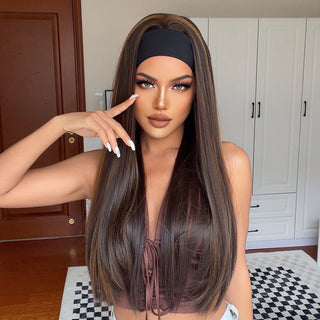 Chocolate Brown Mixed Golden Blonde Long Straight Synthetic Women's Headband Wigs Bohemian Hair For Black Women Fake Hair ALODIA STORE