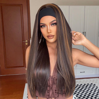 Chocolate Brown Mixed Golden Blonde Long Straight Synthetic Women's Headband Wigs Bohemian Hair For Black Women Fake Hair ALODIA STORE