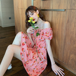 Pink Elegant Kawaii Dress Women Floral Print Cherry Mini Dress Female Casual Sweet Japan Korean Style Summer Dress Women 2020 ALODIA STORE
