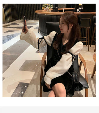 Vintage Mini Dress Lolita Women 2023 Autumn Lace Bow Velvet Evening Party Dress Female Y2k Casual Kawaii One Piece Dress Korean ALODIA STORE
