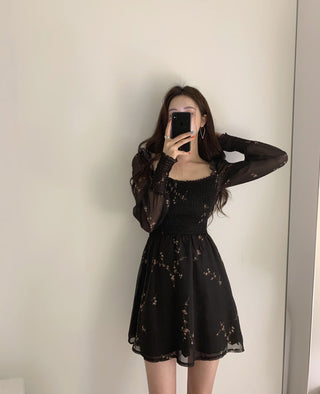Sexy Black Dress Vintage Flower Long Puff Sleeve Chiffon Dresses ALODIA STORE