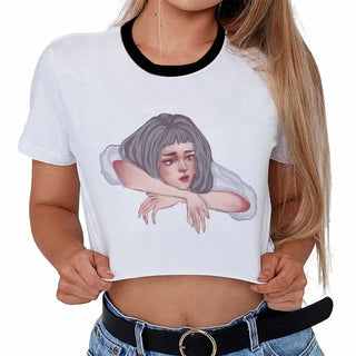Summer Fashion Harajuku Sexy Tank Crop Top White Femme Clothes Women Cute Flower Season Girl Printed Croptop Short Sleeve ALODIA STORE