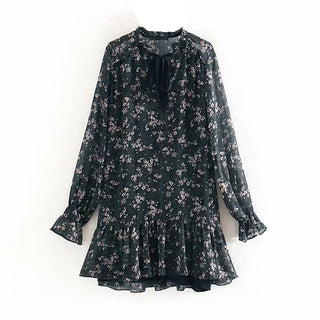 Aachoae Women Ruffle Bow Tie Mini Floral Print Dress Vintage Long Sleeve Casual Loose Pleated Dress Ruffles Party Dress Vestidos ALODIA STORE