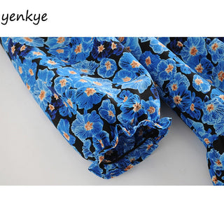 Vintage Blue Floral Print Dress Women Lantern Sleeve Square Neck A-line Dress Modern Female Holiday Summer Mini Chiffon Dress ALODIA STORE