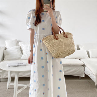 Alien Kitty Vinatge Floral Embroidery Elegant Women Dress 2021 New Summer Korean Style Puff Sleeve Party Long Dresses Vestidos ALODIA STORE