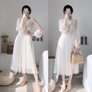 2022 Brand New Women Romantic Tulle Dress Stand Collar Beading Tassels Ruffles Long Sleeve Mesh Dress Cute Mid Dress Vestidos ALODIA STORE