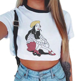 2020 New Summer Sexy Girls Printing Fashion Harajuku Sexy Tank Crop Top Mujer White Tops Clothes Women Croptop Short Sleeve ALODIA STORE