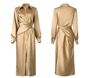 AEL lace up satin robe dress casual loose ladies Single breasted long shirt dress ALODIA STORE