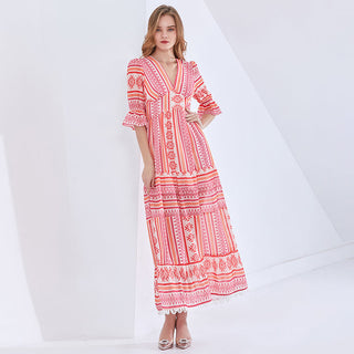 TWOTWINSTYLE Print Vintage Spring Dress For Women V Neck Half Sleeve High Waist Elegant Maxi Dresses Female Fashion New Clothes ALODIA STORE