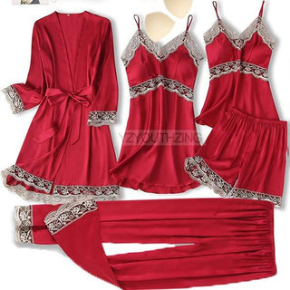 5PCS Robe Suit Satin Women Nightwear Lace Kimono Gown Bridal Wedding Bathrobe Set Sexy Pajamas V-Neck Sleepwear Lounge Lingerie ALODIA STORE