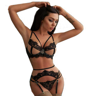 Aduloty Hot Sale New Women's Sexy Lace Eyelash Underwear Set Thin Transparent Lingerie Underwire Gather Bra And Thong Garter ALODIA STORE
