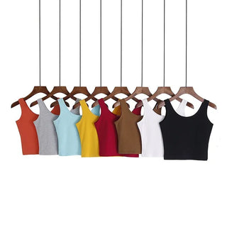Summer Slim Solid Color Short Top Sexy Sleeveless U Croptops Women Tank Tops White Cotton Tops Vest For Ladies ALODIA STORE