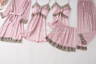 5PCS Robe Suit Satin Women Nightwear Lace Kimono Gown Bridal Wedding Bathrobe Set Sexy Pajamas V-Neck Sleepwear Lounge Lingerie ALODIA STORE