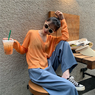 Cardigan Women Korean Long Sleeve Cardigan Summer Cropped Cardigan Knitted V-Neck Thin Ice Silk Sweaters Sunscreen Shirt Tops ALODIA STORE