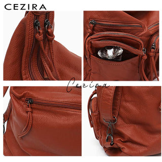 CEZIRA Large Soft Casual Women Bags Functional Girl School Backpack PU Leather Bag Ladies Multi Pockets Messenger&amp;Shoulder Bag ALODIA STORE