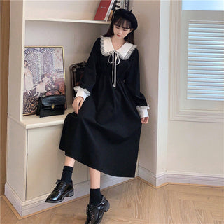 Vintage Dress Women Sweet Lace Peter Pan Collar French Elegant Long Sleeve Lace-Up Fairy One Piece Dress Korean 2021 Autumn Chic ALODIA STORE