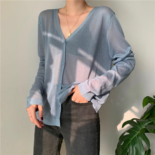 Cardigan Women Korean Long Sleeve Cardigan Summer Cropped Cardigan Knitted V-Neck Thin Ice Silk Sweaters Sunscreen Shirt Tops ALODIA STORE