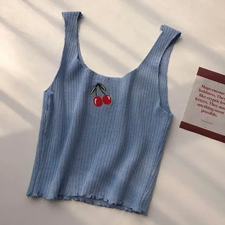 Cherries Embroidery Sleeveless Ropa Para Mujer Cropped Black Top Knitted Tank White Ribbed Camis Purple Croptop Womens Clothes ALODIA STORE