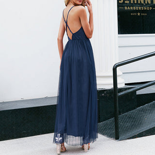 BerryGo Strap striped mesh lace split women dress Sexy deep v neck backless maxi dress Autumn winter long party dress vestidos ALODIA STORE