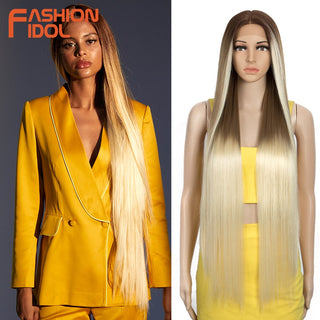 38 inch Straight Hair Synthetic Lace Front Wigs For Women High Temperature Fiber Ombre Blonde Highlight Cosplay Wig FASHION IDOL ALODIA STORE