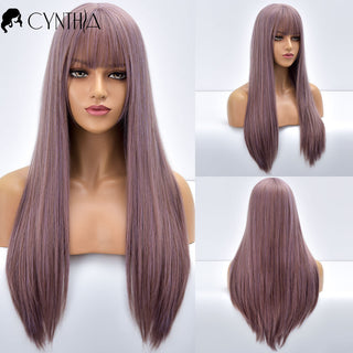 Blonde Ombre Long Straight Gold Synthetic Wig With Bangs For Black White Women Heat Resistant Fiber Daily Hair Cosplay Wigs ALODIA STORE