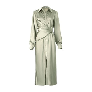 AEL lace up satin robe dress casual loose ladies Single breasted long shirt dress ALODIA STORE