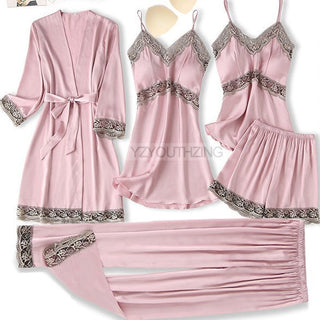 5PCS Robe Suit Satin Women Nightwear Lace Kimono Gown Bridal Wedding Bathrobe Set Sexy Pajamas V-Neck Sleepwear Lounge Lingerie ALODIA STORE