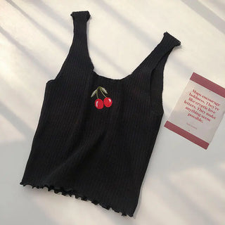 Cherries Embroidery Sleeveless Ropa Para Mujer Cropped Black Top Knitted Tank White Ribbed Camis Purple Croptop Womens Clothes ALODIA STORE