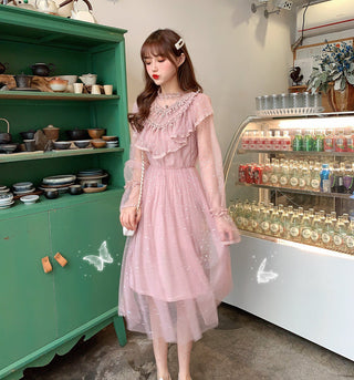 2022 Brand New Women Romantic Tulle Dress Stand Collar Beading Tassels Ruffles Long Sleeve Mesh Dress Cute Mid Dress Vestidos ALODIA STORE