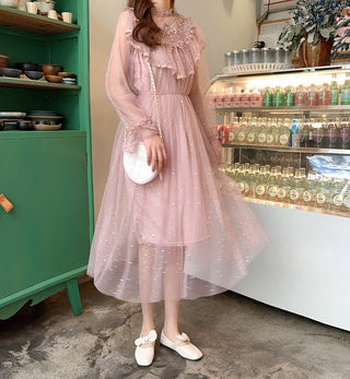 2022 Brand New Women Romantic Tulle Dress Stand Collar Beading Tassels Ruffles Long Sleeve Mesh Dress Cute Mid Dress Vestidos ALODIA STORE