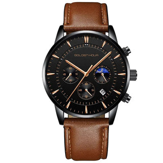 GOLDENHOUR Men's Watch Top Brand Luxury Fashion Quartz Watch Men Leather Waterproof Sports Wrist Watch Male Relogio Masculino ALODIA STORE