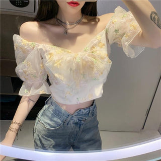 French Floral Dress Women Sexy Puff Sleeve Lace Chiffon Print Mini Dress Women Summer Korean Style Vintage Fairy Dress New 2023 ALODIA STORE