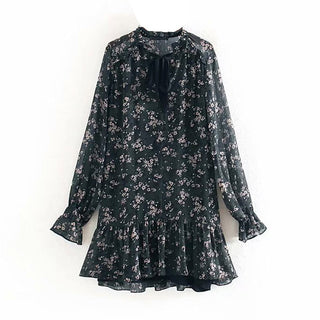 Aachoae Women Ruffle Bow Tie Mini Floral Print Dress Vintage Long Sleeve Casual Loose Pleated Dress Ruffles Party Dress Vestidos ALODIA STORE