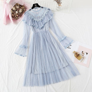 2022 Brand New Women Romantic Tulle Dress Stand Collar Beading Tassels Ruffles Long Sleeve Mesh Dress Cute Mid Dress Vestidos ALODIA STORE