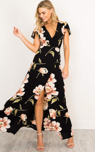 2023 Summer Short Sleeved Long Dress V-neck Split Print Fashion Retro Tiktok Consignment Rayon Robe for Women Party Wedding ALODIA STORE